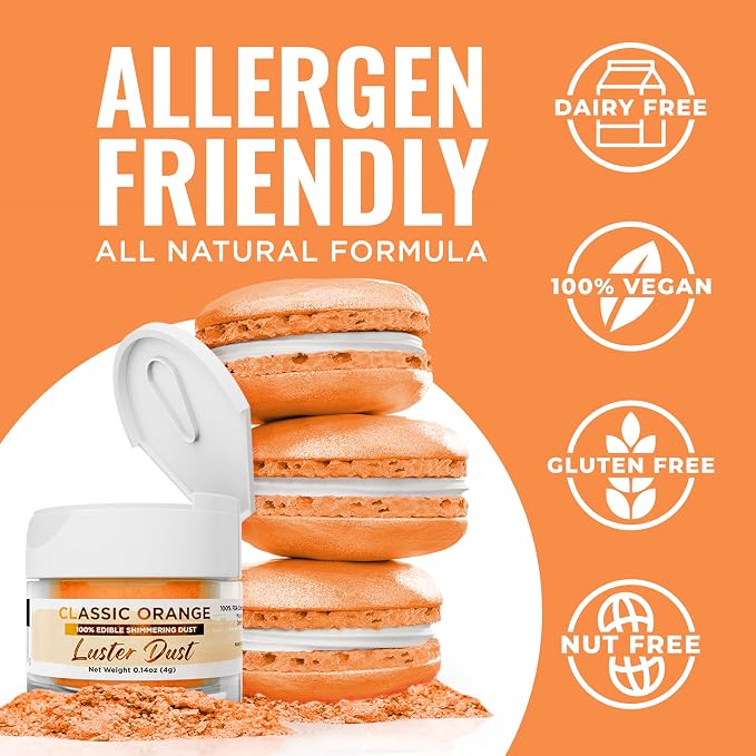 Luster Dust - Classic Orange (4g 1x Jar) | Edible Vegan Dust & Paint for Cake Decorating, Ice Cream, Desserts, Cocktails and Beverages by Bakell