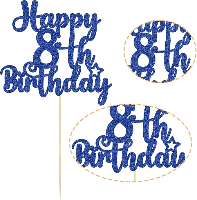 Gyufise 1Pc Happy 8th Birthday Cake Topper Glitter 8 & Fabulous Cheers to 8 Years Old Birthday Cake Pick for Celebrating 8th Anniversary Party Cake Decorations Supplies Blue