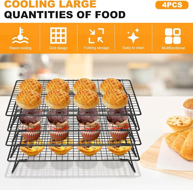 4Pcs Cooling Racks for Cooking and Baking, 4-Tier Stackable Roasting Rack, 13.4 x 9.4 Inch Carbon Steel Baking Rack for Oven Cooking, Roasting, Grilling Making Jerky (Black, 4Pcs)