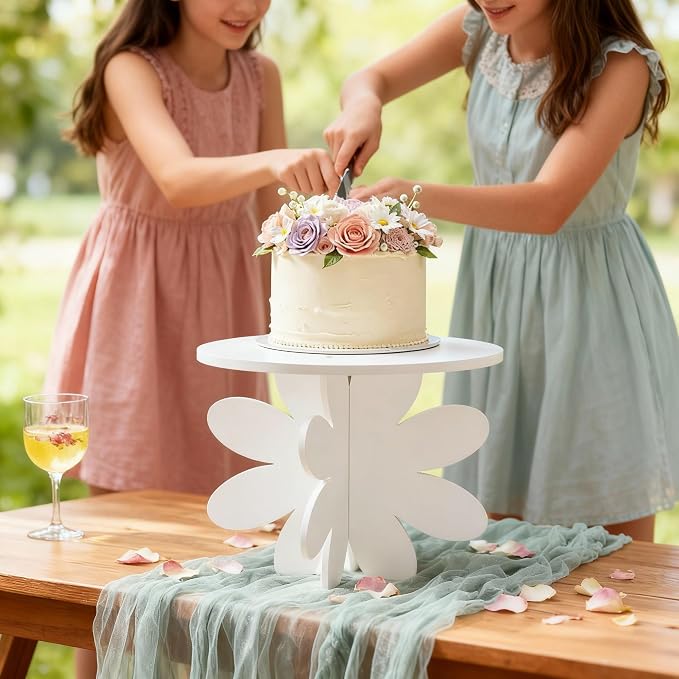 Lallisa 12" Groovy Daisy Cake Stand White 3D Floral PVC Groovy Party Decorations with Engraved Flower Holder Dessert Stand Centerpieces for Wedding Birthday Spring Tea Garden Themed Party Supplies