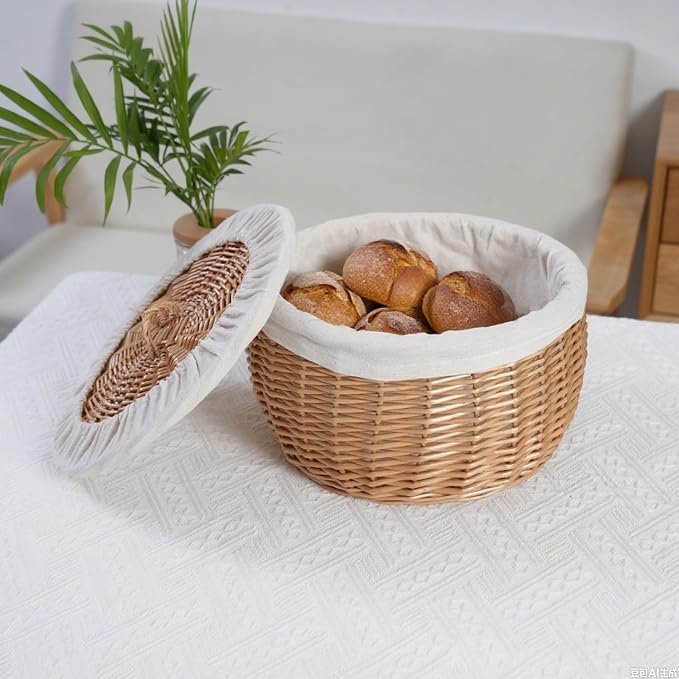 Wicker Bread Basket Serving with Lid & Removable Lining, Sourdough Proofing Basket,Eco-friendly Bread Storage basket Ideal for Picnics & Dining(Round)