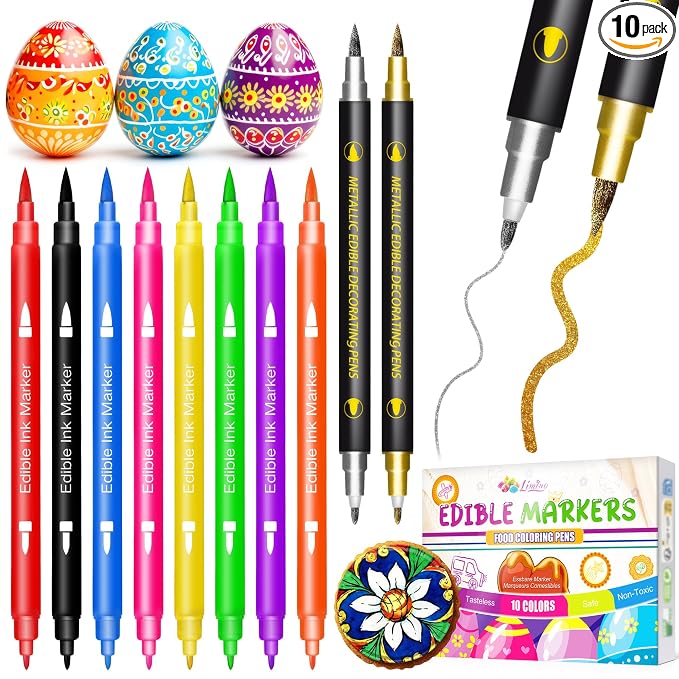 Edible Markers - 10 pcs Dual Sided Food Coloring Pens with Fine ＆ Thick Tip, Edible Food Safe Paint for Cake Decorating, Cookies, Fondant, Frosting, Icing, Easter Eggs, Food Grade Gourmet Writers