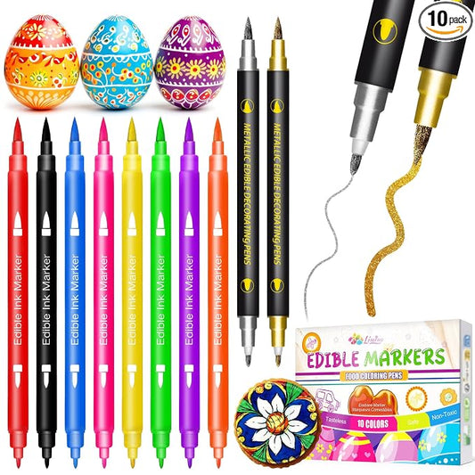 Edible Markers - 10 pcs Dual Sided Food Coloring Pens with Fine ＆ Thick Tip, Edible Food Safe Paint for Cake Decorating, Cookies, Fondant, Frosting, Icing, Easter Eggs, Food Grade Gourmet Writers