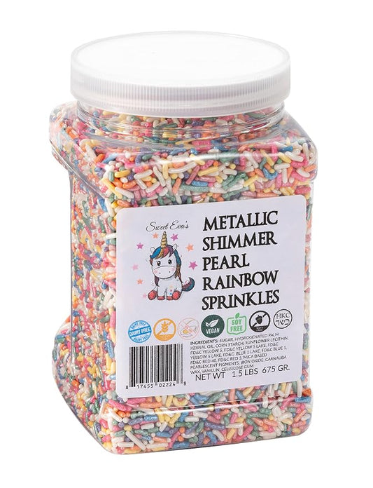 METALLIC SHIMMER PEARL RAINBOW SPRINKLES-Dairy Free,Gluten-free,Egg Free,Vegan,Soy Free,Nuts Free,Kosher,Cookies,Cupcakes,Cake Topper,Jimmies,Large,Bulk Candy,1.5 LBS