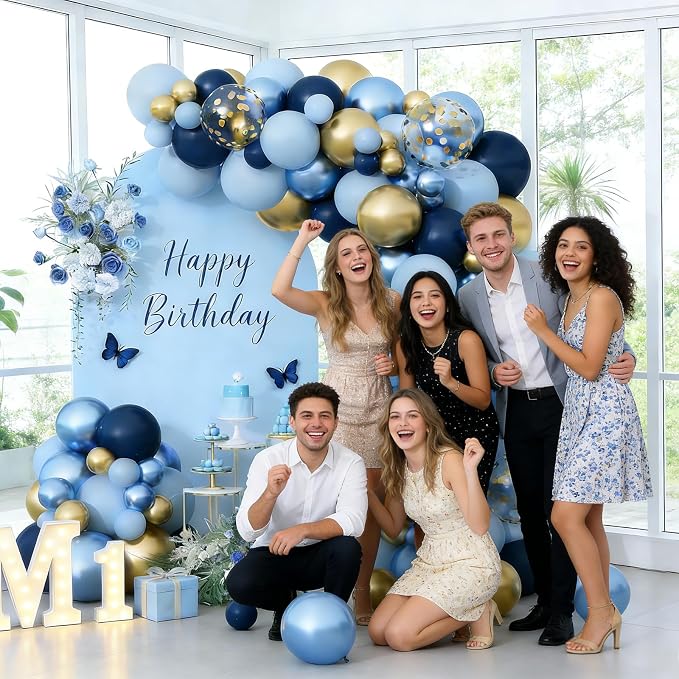 Blue Gold Balloons Garland Arch Kit, Navy Blue Light Blue Metallic Gold Blue Balloon Arch Kit, Macaron Blue Gold Confetti Balloon for Birthday Baby Shower Wedding Graduation Father’s Party Decorations