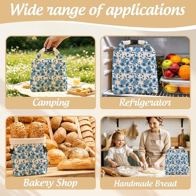 2 Pack Beeswax Bread Bag for Sourdough Homemade Bread, Blue Floral Decor Bags, Reusable Linen, Natural Beeswax Bread Storage Bag, Food Storage Cloth Bag with Buckle 13 * 17IN