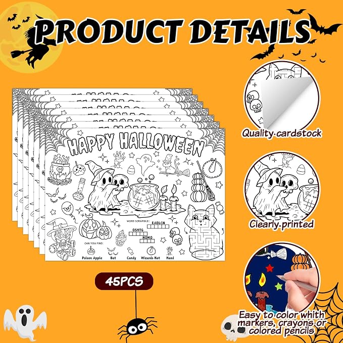 45 pcs Halloween Coloring Placemats Halloween Crafts for Kids Ghost Disposable Placemats Coloring Activity Party Favors Supplies Decorations School Party