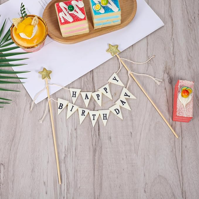 Happy Birthday Flag Banner Cake Topper, Handmade Pennant & Star Garland Birthday Cake Flag Decoration Happy Birth Day Sign & Garland for Party Supplies