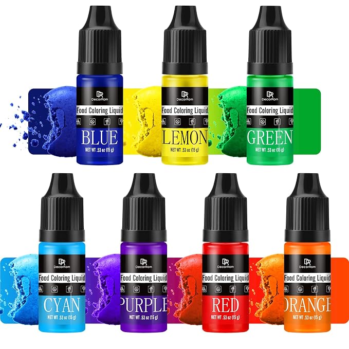 Food Coloring - Rainbow Liquid Icing Food Coloring Set for Baking, Cake Decorating, Easter Egg, Airbrush - 7 Colors Tasteless Edible Food Color Dye for Fondant, Drinks, DIY Slime, Crafts - 15g Each