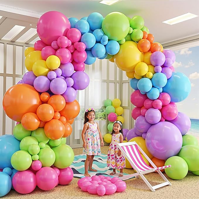 412pcs Summer Tropical Balloon Arch Garland Kit, Different Sizes 18 12 10 5inch Rainbow Hot Pink Green Orange Blue Purple Balloons for Hawaiian Luau Aloha Baby Shower Birthday Party Decorations