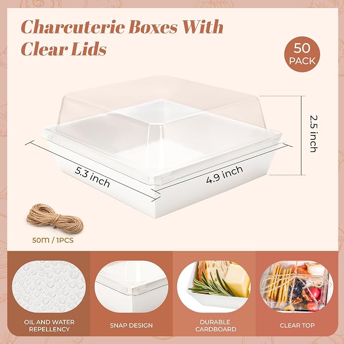 50 Pack White Kraft Grazing Boxes 5.3x4.9x2.5in for Snack Tables | Use for cookies, fruit, cake slices, mini sandwiches or tasting portions after cooling.