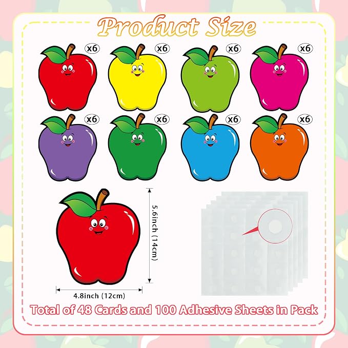 Vuzvuv 48Pcs Colorful Apple Paper Cutouts with 100Pcs Glue Points,Apple Cut Outs Bulletin Board Decorations for Birthday Party Theme Decor Supplies