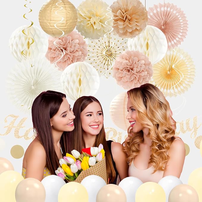 Champagne-Gold Pink Birthday Decorations for Women Girls,Pre-Strung Happy Birthday Banner,Boho Peach Paper Lanterns Tissue Pom Poms Fan,Cream White Balloons,Girl Woman Party Backdrop Supplies