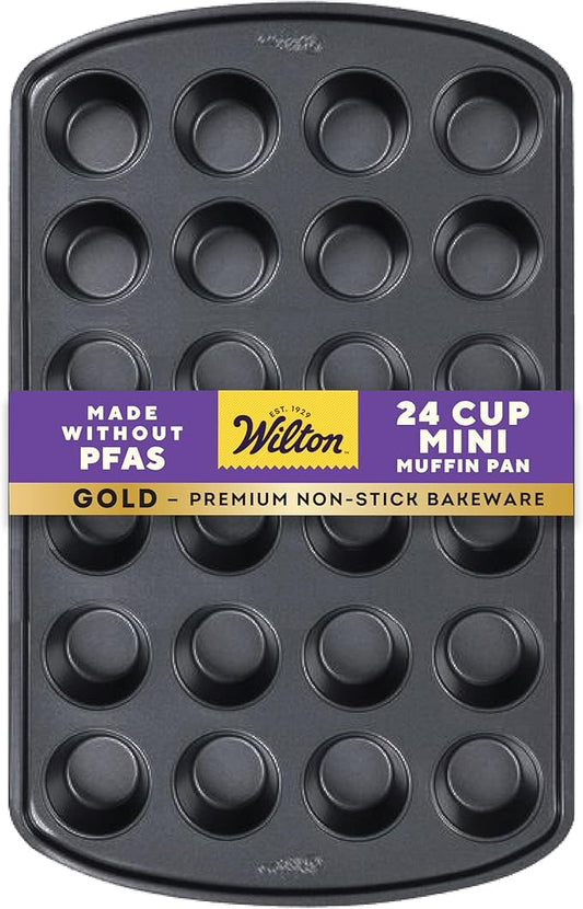 Wilton Gold Premium Non-Stick Warp-Resistant Bakeware, Made without PFAs, Muffin Pan, 24-cup, 16x10x1 in, Packaging May Vary