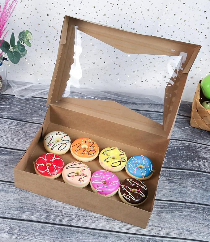 ONE MORE 14 x10 x 3inch Brown Paperboard Lock Corner Window Bakery Cookie Boxes, Large Container with PVC Windows for Pie and Cookie Box, Pack of 12