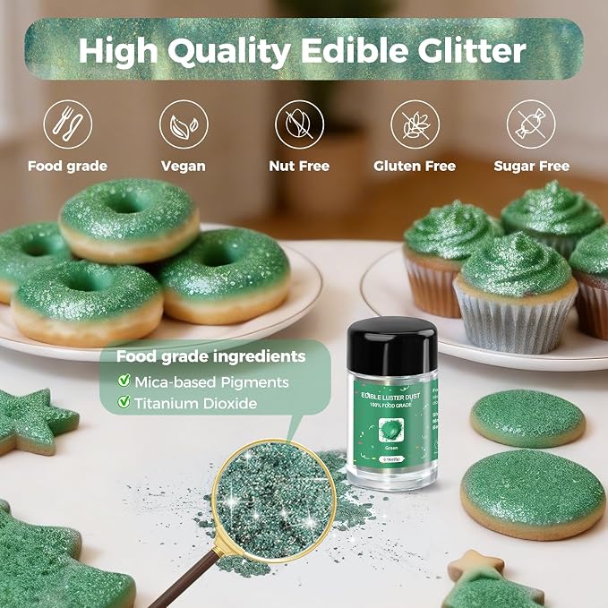 CRPTHE Green Luster Dust Edible 5g, Edible Glitter for Drinks, Food Grade Glitter Shimmer Sprinkle Powder for Cocktails, Baking, Beverages, Cakes, Strawberries, Cookies, Fondant, Vegan