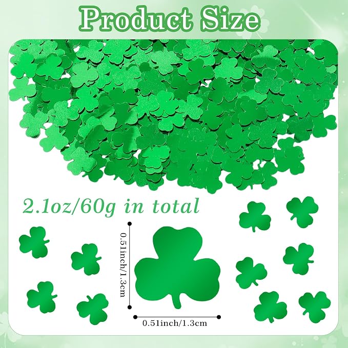 St. Patrick's Day Shamrock Confetti, Green Glitter Confetti Decorations, 60g Lucky Irish Clover Metallic Foil Sequins Sprinkles Table Scatter Decorations for St. Patrick's Day Party Supplies
