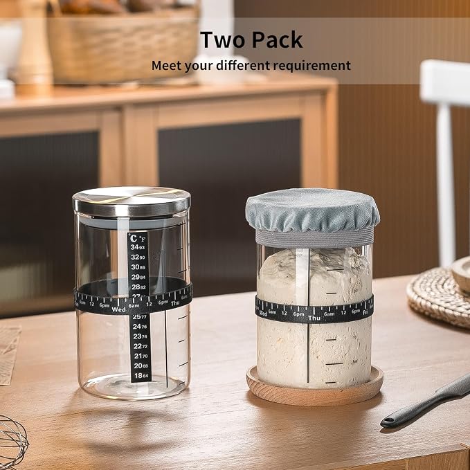 Wissy&Konny Sourdough Starter Jar,2PACK 35OZ Wide Mouth with Ounce Scale line,Date Marked Feeding Band, Thermometer, Sourdough Jar Scraper, Cloth Cover & Stainless Steel Lid Sourdough Starter Kit
