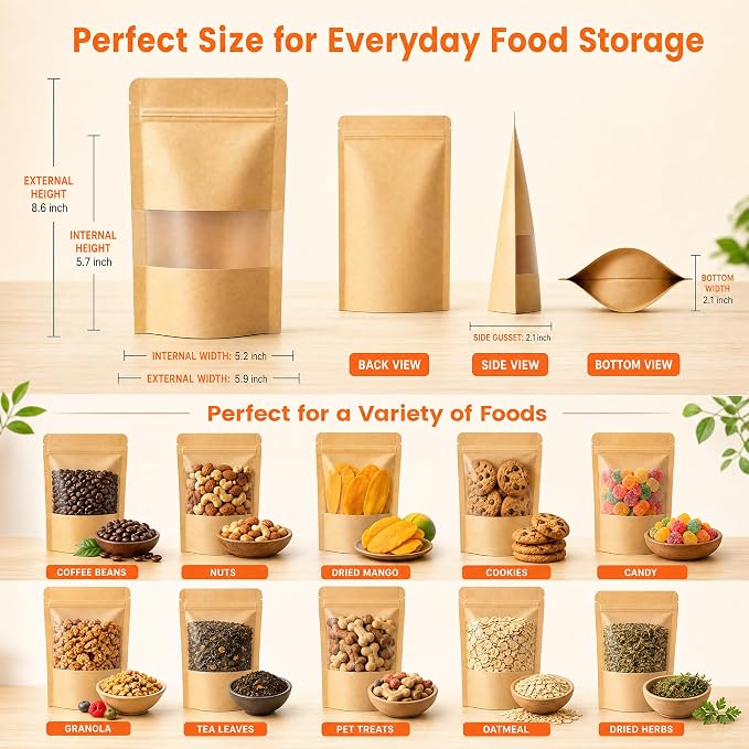 100 Pcs Kraft Paper Bags with Window, 6.3" x 8.6" Stand Up Pouches Bags, Food Storage Bags for Packaging Products, Reusable, Sealable