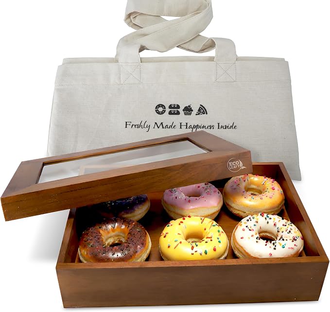 Wooden Bakery Box with Window - 12x8x2.5 Inches– Treat Boxes for Pastry, Desserts, Donuts, Muffins or Baked Goods- Comes with Reusable Canvas Bag-Ideal Baker Gifts for Women