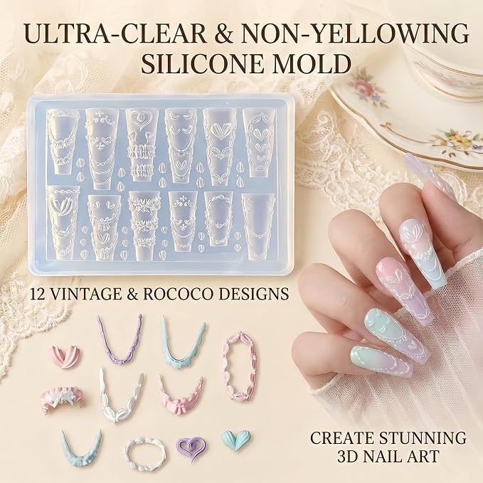 Heart & Lace Nail Art Silicone Mold, 3D Love Chain Nail Charms Mold, Romantic Heart Lace Nail Decoration Mold, Flexible Reusable Silicone Mold for Acrylic Gel Resin Nail Art