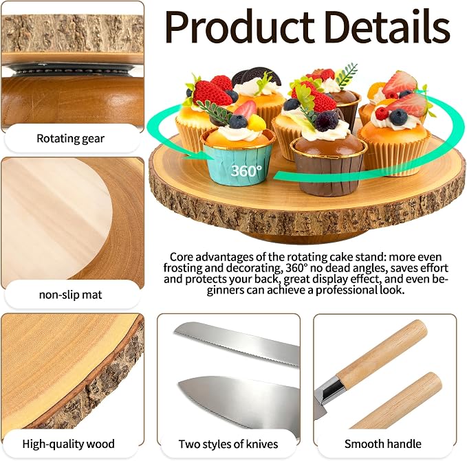 Rotating 12" Rustic Wood Cake Stand + Elegant Cutting Set — Smooth 360° Turntable for Wedding Cakes, Baking & Party Display