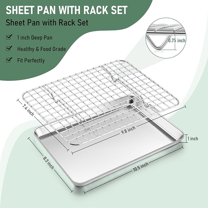 Homikit Cookie Sheet with Rack (2 Small Baking Sheets+2 Grill Racks), 10 x 8 Inch Stainless Steel Cookie Sheets with Wire Cooling Rack, Nonstick Metal Toaster Oven Bacon Tray, Dishwasher Safe