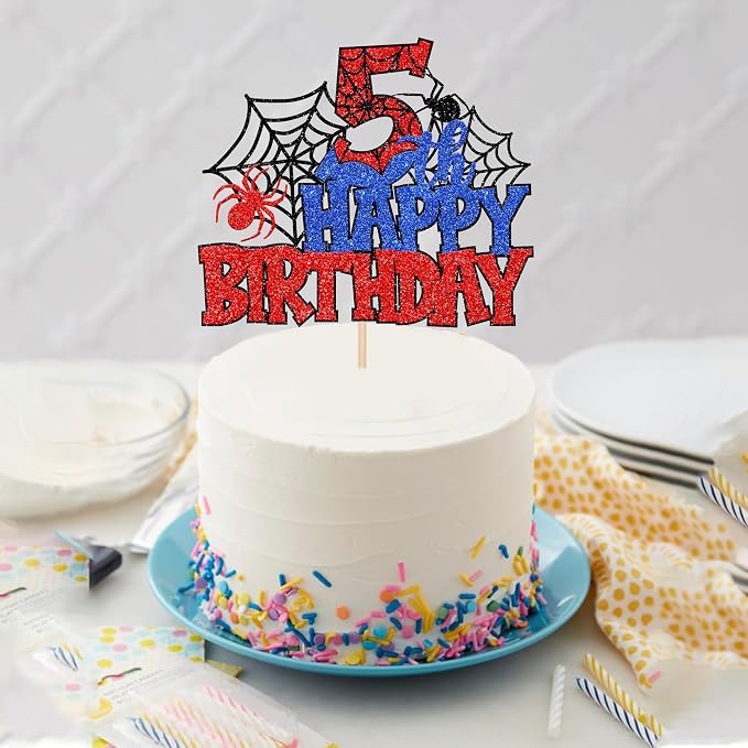 1 PCS Happy 5th Birthday Cake Topper Glitter Spider Web Cheers to 5 Years Five Birthday Cake Pick Superhero Spider Party Decorations for Boys Girls Happy 5th Birthday Party Cake Decorations Supplies