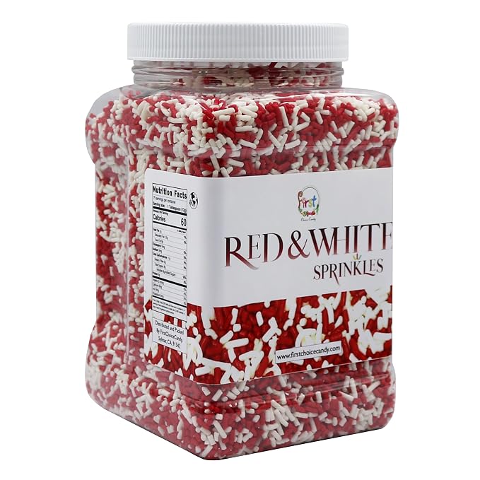 Decorating Sprinkles By FirstChoiceCandy- 2 LB - Colorful Jimmies Great For Topping for Bakery, Ice Cream, and Confectionary - Kosher Sprinkles In a Resealable Container (Red-White)