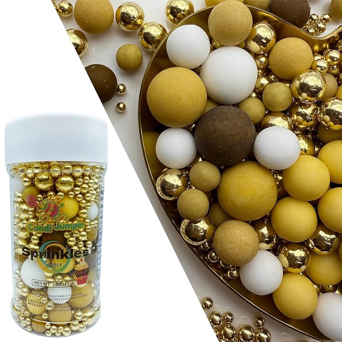 CandiJumpin Edible Pearls for Cake Decorating, Brown White and Gold Pearl Sprinkles Brown and Gold Sugar Pearls Edible Cake Decorations White Pearl Sugar Sprinkles Cupcake Toppers Baby Shower Party Birthday Wedding Christmas Supplies 3 OZ