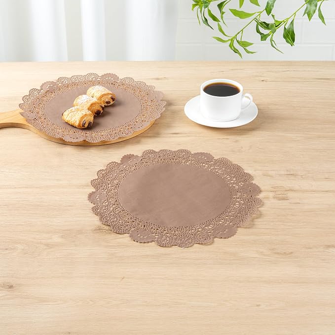 Pastry Tek 12 x 12 Inch Paper Lace Doilies, 100 Disposable Table Doilies - Elegant Lace Finish, Long Lasting, Brown Paper Doily, for Pastries, Cupcakes, Desserts - Restaurantware