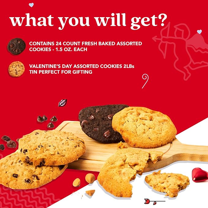 David’s Cookies Assorted Cookie in Love Gift Tin, Fresh Baked Gourmet Dessert Sampler, Soft Handmade Cookie Variety, Premium Bakery Cookies for Gifting, 2lb - Gourmet Cookies Gift Basket