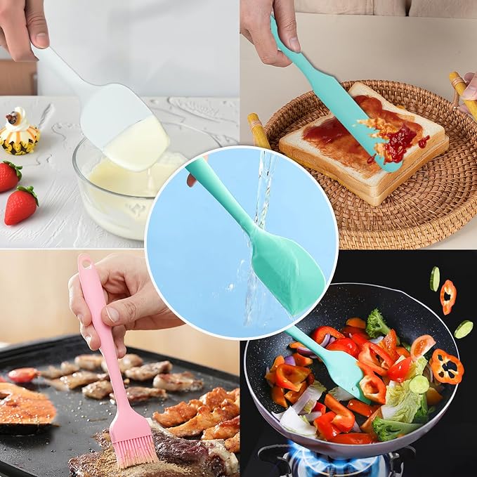 9-Piece Seamless Silicone Spatula Set for Non-Stick Cookware, 600°F Heat Resistant Kitchen Utensils with Heavy-Duty Stainless Steel Core for Baking & Jar Scraping, Dishwasher Safe, Rainbow