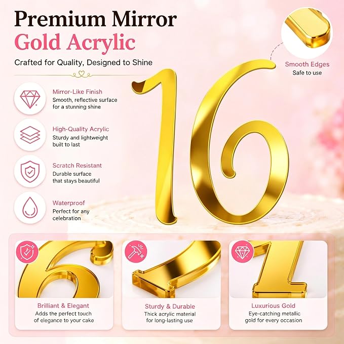 Acrylic Number Cake Topper Gold DIY Mirrored Cake Topper 0-9 Number Set Suitable for Wedding, Birthday, Party Decoration