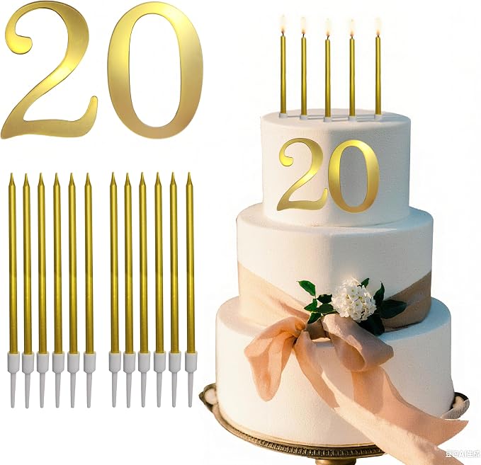 3.7IN Gold Acrylic Number 20 Cake Topper with 12 Gold Long Candles - Perfect for 20th Birthday Party Supplies, Ideal for Cake Decoration