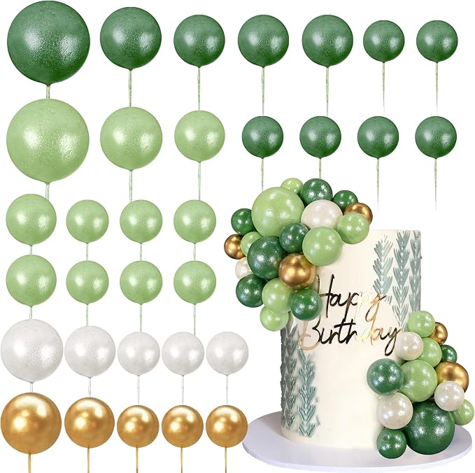 Ball Cake Topper Ball Cake Picks Colorful Pearl Ball Shaped Cupcake Insert Cake Topper for Bear Theme Birthday Party Favors Wedding Decoration (Green White Gold)