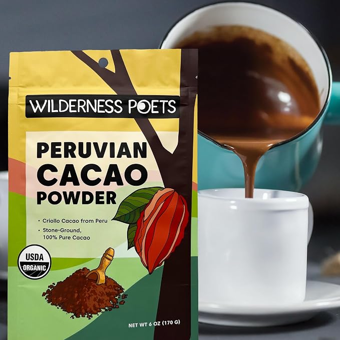 Wilderness Poets, Organic Cacao Powder. Unsweetened, 100% Peruvian Heirloom Cacao (Criollo Variety) - 6oz - 170g