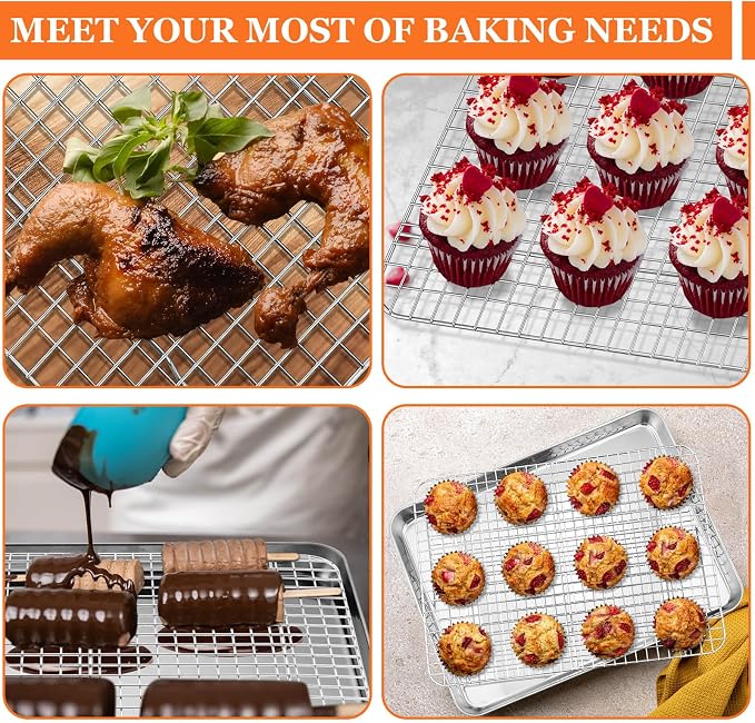16"+12.5"+9" Baking Sheet with Wire Rack, Leonyo Stainless Steel Baking Sheet & Cooling Rack, Commercial Nonstick Cookie Tray Pan for Kitchen Cooking, Oven Roasting - 6 Pack