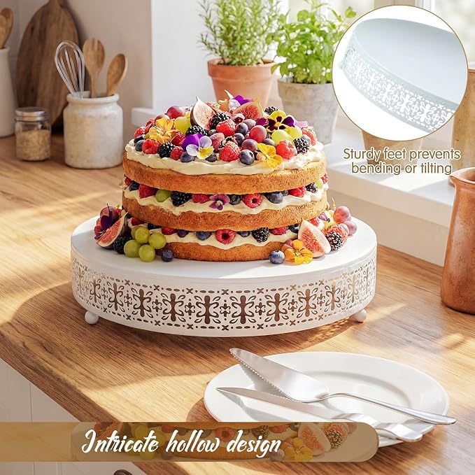 Wenqik White Cake Stand 12 Inch Metal Round Wedding Cake Stand with Cutting & Spatula Cupcake Dessert Cookies Display Holder Fruit Serving Tray for Wedding Birthday Anniversary Party