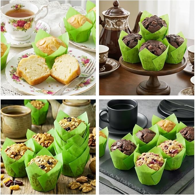 200 Pcs Green Tulip Cupcake Liners for Baking, Standard Size | Standard Greaseproof Tulip Muffin Liners for Baking, 3oz Green Paper Cupcake Wrappers for Party Wedding Birthday