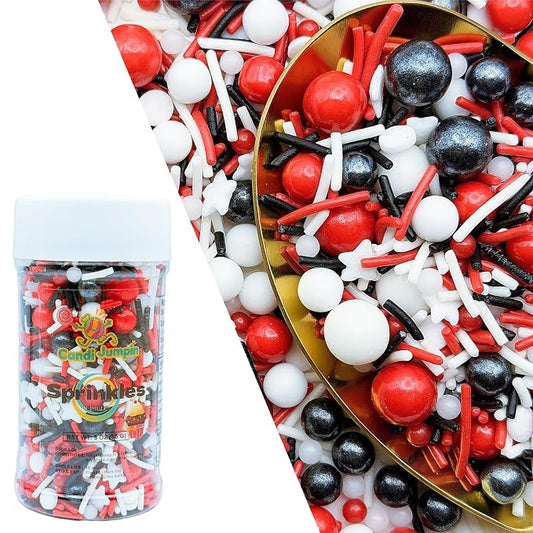 CandiJumpin Black White and Red Pearl Sprinkles, Edible Pearls and Jimmies Mix Red White and Black Sprinkles Crunchy Jimmies Edible Pearls for Cake Decorating Halloween Pearl Decoration for Baking Baby Shower Party Birthday Wedding Christmas Supplies 3 OZ