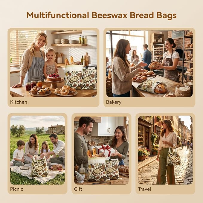 Bread Bags for Homemade Bread – 2 Packs XL Beeswax Bread Bags, 2026 Reusable Bread Bag with Sealing Zipper, Organic Cotton Natural Beeswax, Keeps Fresh, Homesteading Essentials, 13x17 Inches