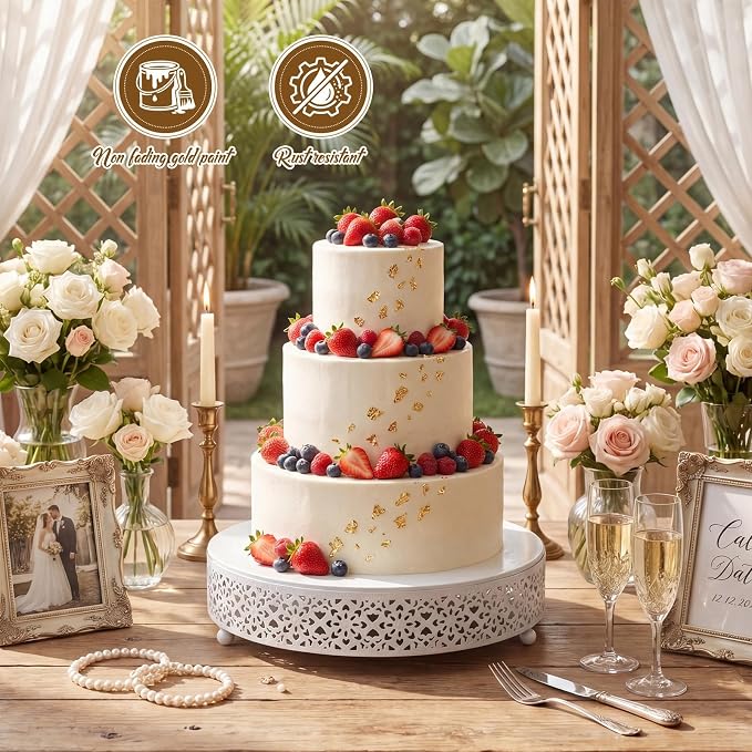 Wenqik White Cake Stand 12 Inch Round Metal Cupcake Dessert Wedding Cake Stand Cookies Display Holder Modern Design Fruit Serving Tray for Table Wedding Birthday Anniversary Party