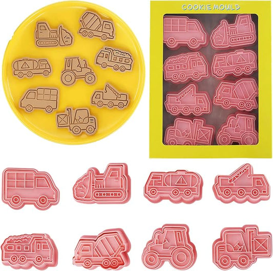 8 Pcs Construction Vehicle Themed Cookie Cutters Set Cute 3D Cartoon Excavators Bulldozers Biscuit Cookie Stamps for Party Cookie Baking Frosting Decoration Fondant Muffins Cheese Mousse