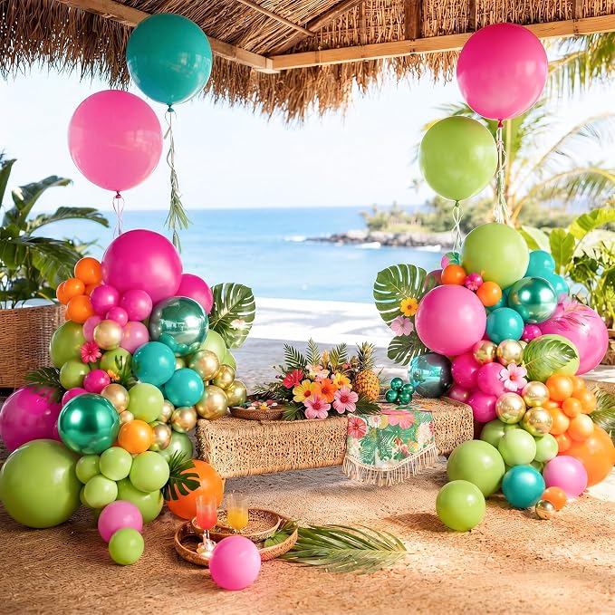 Tropical Luau Balloon Arch Garland Kit, Hot Light Pink Olive Green Orange Teal Metallic Gold Green Summer Hawaiian Balloons for Kids Summer Beach Aloha Pool Birthday Baby Shower Party Decorations