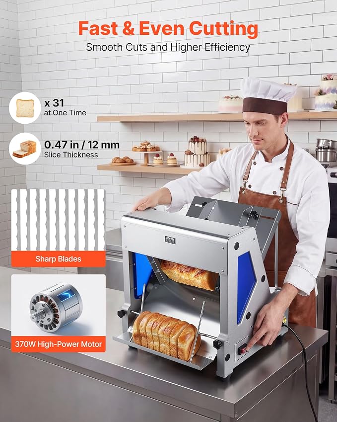 VEVOR Electric Bread Slicer, 370W Bread Slicing Machine, Die-Cast Aluminum Countertop Bread Cutter Machine for 12mm Slice Thickness, Commercial & Home Use for Bakeries Restaurants, 120V