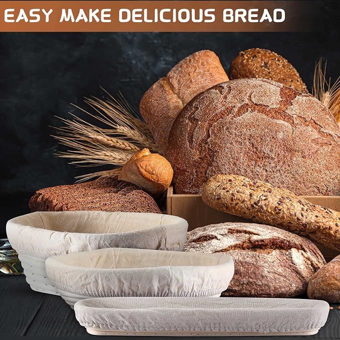 Gerrii 3 Packs Bread Banneton Proofing Basket 9" Round and 10" Oval and 15 Inch Oval Cane Sourdough Baskets Bread Baking Dough Bowl for Bakery Home Bakers