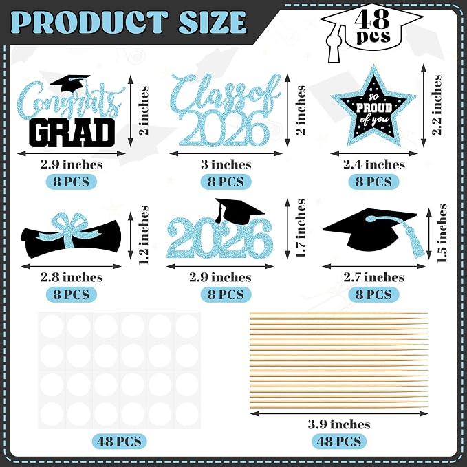48 PCS Graduation Cupcake Toppers 2026, 6 Styles Grad Cupcake Toppers, Glittery Congrats Graduation Decor, Black and Sky Blue Cap and Diploma Cake Picks for Grad Decorations Party Supplies