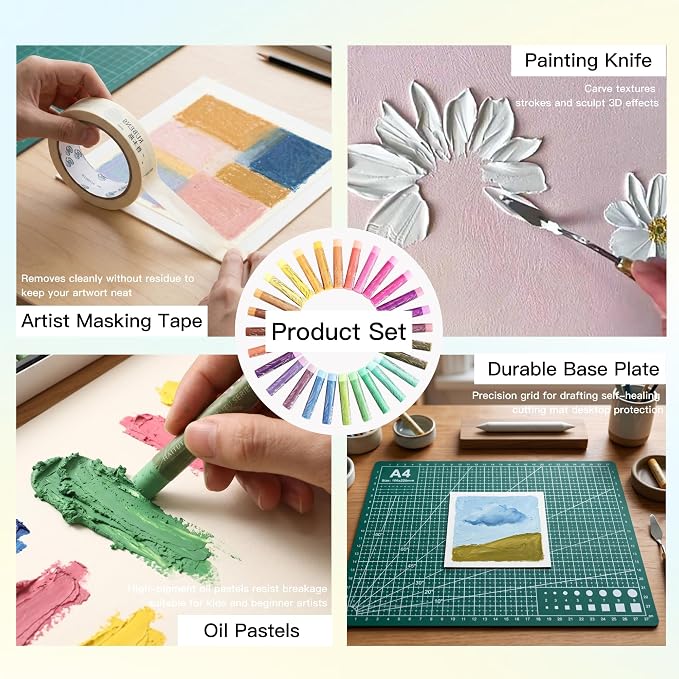 rubens Soft Oil Pastels Set (24 Macaron Colors), Painting Kit, Art Supplies, Includes Oil Pastels Set, 1 Palette Knife, 1 Roll of Masking Tape, 30 Sheets Oil Pastel Paper, 1 Base Plate