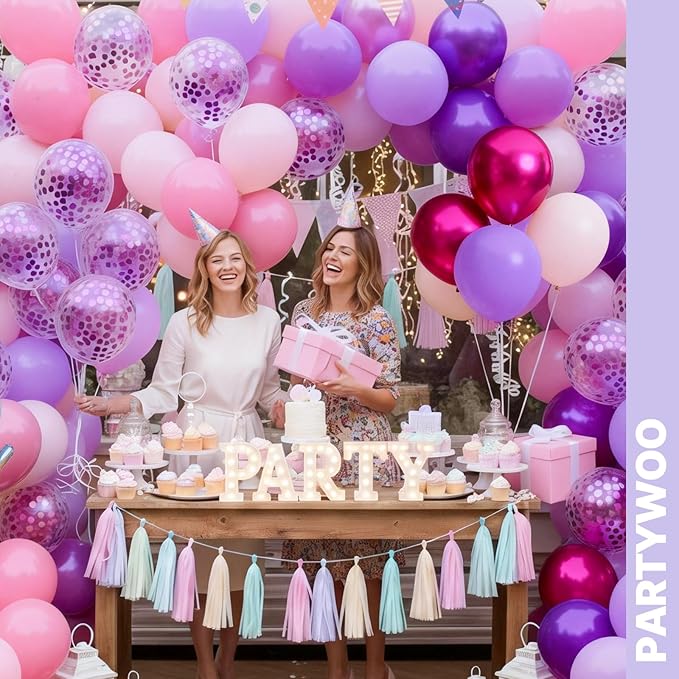 PartyWoo Pink and Purple Balloon Arch Kit Garland 140pcs Different Sizes of 18 12 10 5 Inch Metallic Baby Pink Hot Pink Chrome Light Purple Gold Confetti Balloons for Birthday Party Decorations